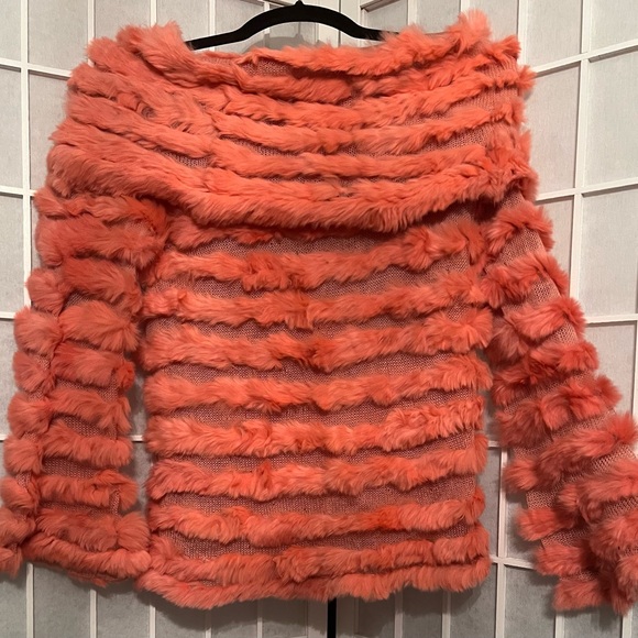 BCBGMaxAzria Tops - BCBG MAXAZRIA Rabbit Fur Off-Shoulder Top Coral Crystal Rose NWT